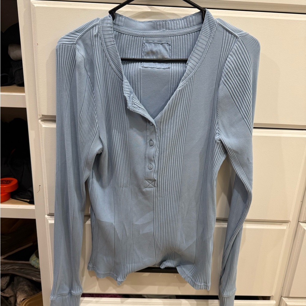 Aerie Women's Blue Ribbed Long Sleeve Top